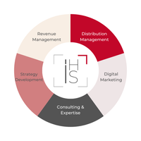 Donut chart: with areas of revenue management, distribution management, digital marketing, strategy development, and consulting